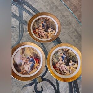 Vintage Italian Decorative Plates Set of 3 Gold Rim Romantic Scene Wall Decor